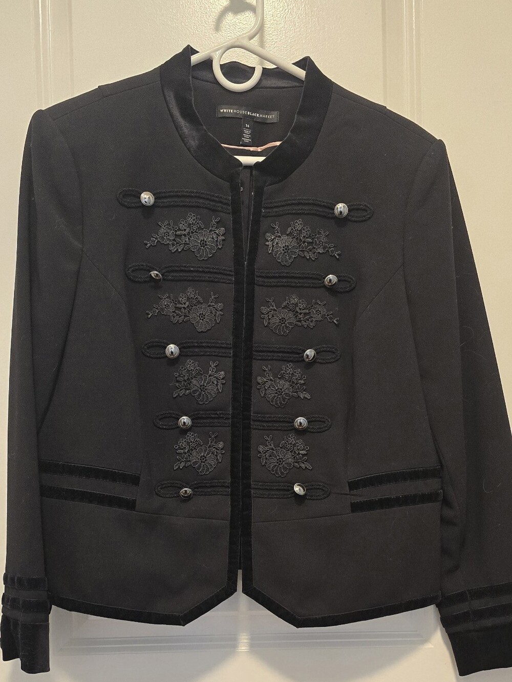White House Black Market Black Military-Style Embroidered Jacket Size 14